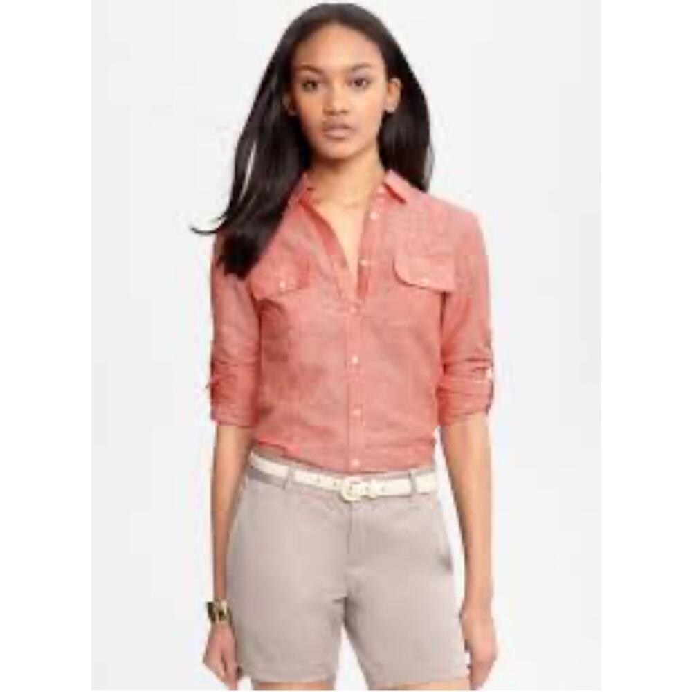 Banana Republic Womens Button Up Linen Blend Shirt Size 10 Salmon Pink Preppy